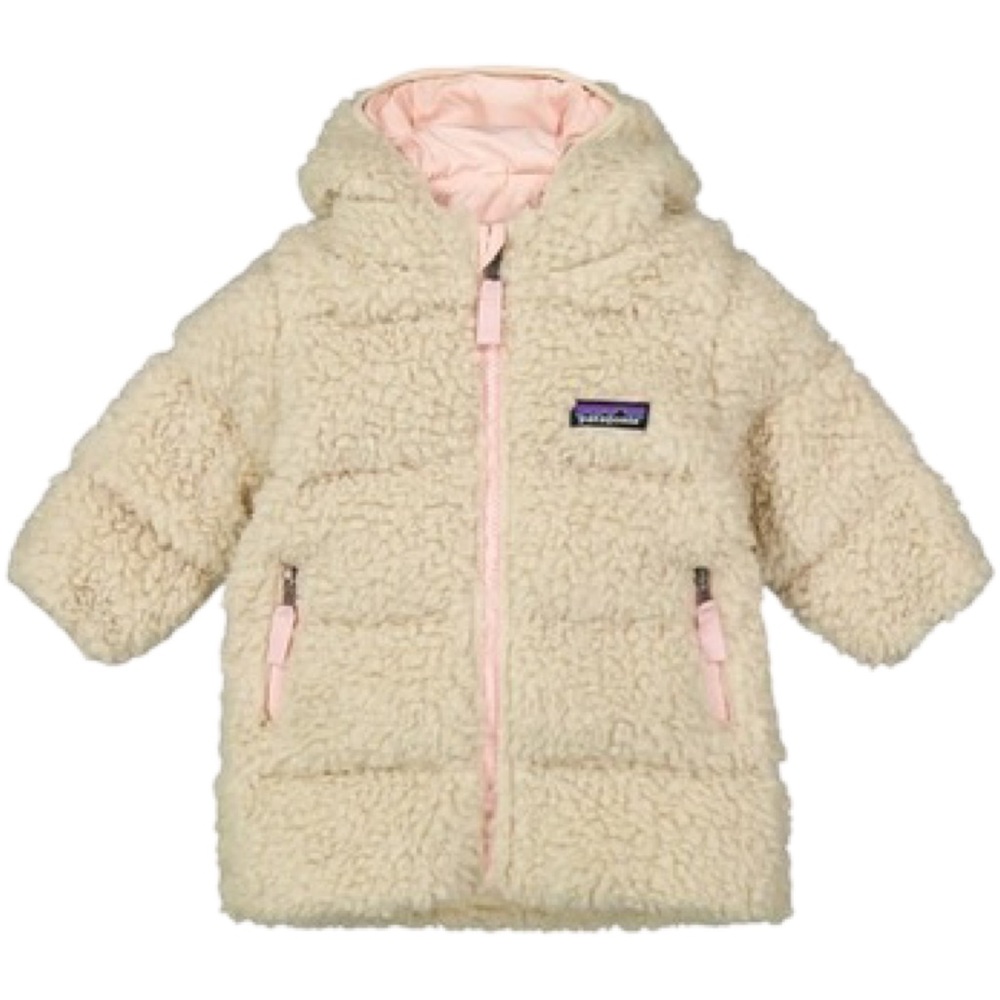 Patagonia Baby Recycled Hi-Loft teddy bear Parka Jacket Size:3–6 M Cream & Pink